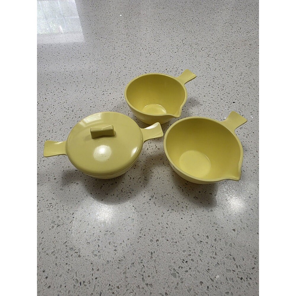 Vintage Stetson Melmac Yellow Sugar Bowl w/lid & 2 Creamer Bowls 4 piece set